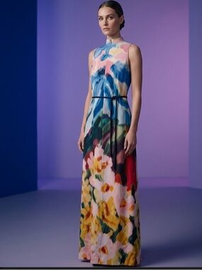 Anne Klein Multi-Color Floral High-Neck Maxi Dress